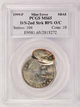1999-P $1 SBA Dollar Double-Struck, 2nd Strike 80% Off-Center PCGS MS65
