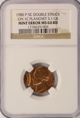1980-P 5c Jefferson Nickel Double-Struck on Cent Planchet NGC MS64 Red