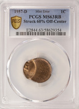 1957-D 1c Wheat Cent Struck 60% Off-Center PCGS MS63 RB