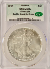2004 $1 Silver Eagle Double-Struck, 2nd Partial Collar Strike & On-Center CACG MS66