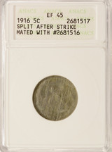 1916 5c Buffalo Nickel  (2 coins) Split Planchet After Strike Mated Pair ANACS EF45 1916 5c Buffalo Nickel  (2 coins) Split Planchet After Strike Mated Pair ANACS EF45