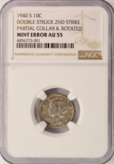 1940-S 10c Mercury Dime Double-Struck Rotated In-Collar NGC AU55