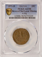 1971-D 25c Washington Quarter Reverse Missing Clad Layer PCGS AU58 BN 1971-D 25c Washington Quarter Reverse Missing Clad Layer PCGS AU58 BN