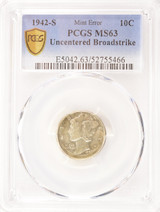 1942-S 10c Mercury Dime Uncentered Broadstruck PCGS MS63