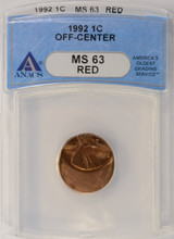 1992 1c Lincoln Cent Struck 40% Off-Center ANACS MS63 Red
