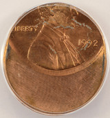 1992 1c Lincoln Cent Struck 40% Off-Center ANACS MS63 Red