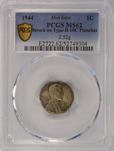 1944 1c Wheat Cent Struck on Silver 10c Planchet PCGS MS62 Finest Known