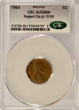 1964 1c Lincoln Cent Ragged Clip at 10 o'clock CACG AU58 BN