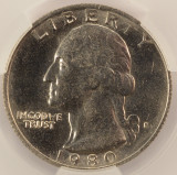 1980-P 25c Washington Quarter Missing Reverse Clad Layer CACG AU58 BN