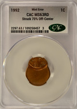 1992 1c Lincoln Cent Struck 70% Off-Center CACG MS63 Red