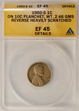 1950-S 1c Wheat Cent Struck on Silver 10c Planchet 2.46g ANACS EF45 Details