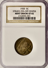 1920 5c Buffalo Nickel Struck 25% Off-Center NGC XF45 1920 5c Buffalo Nickel Struck 25% Off-Center NGC XF45
