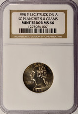 1998-P 25c Washington Quarter Struck on 5c Planchet 5 Grams NGC MS66 1998-P 25c Washington Quarter Struck on 5c Planchet 5 Grams NGC MS66