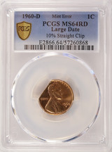 1960-D 1c Lincoln Cent 10% Straight Clip PCGS MS64 Red