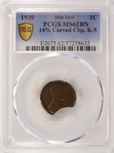1939 1c Wheat Cent 14% Curved Clip at K-5 PCGS MS62 BN