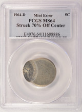 1964-D 5c Jefferson Nickel Struck 70% Off-Center PCGS MS64