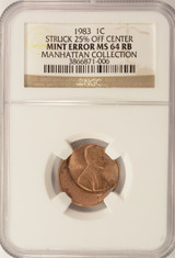 1983 1c Lincoln Cent Struck 25% Off-Center NGC MS64 RB