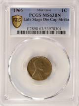 1966 1c Lincoln Cent Late Stage Die Cap Strike PCGS MS63 BN 1966 1c Lincoln Cent Late Stage Die Cap Strike PCGS MS63 BN