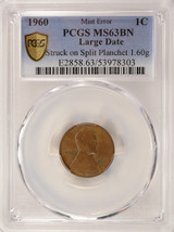 1960 1c Lincoln Cent Split Planchet Before Strike PCGS MS63 Brown 1960 1c Lincoln Cent Split Planchet Before Strike PCGS MS63 Brown