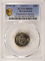 1997-P 10c Roosevelt Dime Broadstruck & Separated Finning PCGS MS64 1997-P 10c Roosevelt Dime Broadstruck & Separated Finning PCGS MS64