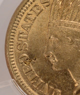 PCGS 1863 Indian cent with a piece of rolled in, retained wood obverse. The wood can be clearly seen with a loupe, and is stuck in the metal of the coin, with a rough, defective area in the metal where the piece of wood was rolled into the planchet's metal. 



Finding the wood retained in the coin is rare, and this is the only example of this we can recall having seen!