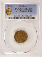 1934 1c Wheat Cent 3% Curved Clip PCGS MS62 BN