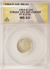 1964-D 10c Roosevelt Dime Struck 15% Off-Center ANACS MS63