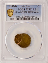 1957-D 1c Wheat Cent Struck 75% Off-Center PCGS MS62 RB