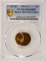 1957-D 1c Wheat Cent Struck 50% Off-Center at K-9 PCGS MS64 RB