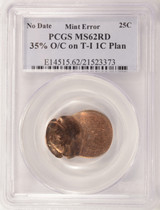 PCGS 25c Washington Quarter Struck on 1c Planchet 35% Off-Center MS62 Red