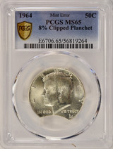 1964 50c Kennedy Half 8% Curved Clip PCGS MS65