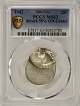 1942-x 25c Washington Quarter Struck 55% Off-Center PCGS MS63