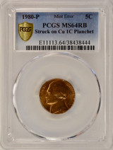1980-P 5c Jefferson Nickel Struck on Cent Planchet PCGS MS64 RB