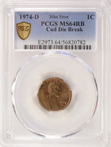 1974-D 1c Lincoln Cent Major Cud Obverse PCGS MS64 RB