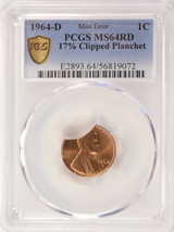 1964-D 1c Lincoln Cent 17% Curved Clip PCGS MS64 Red