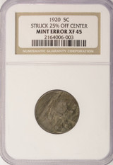 1920 5c Buffalo Nickel Struck 25% Off-Center NGC XF45