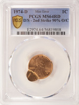 1974-D 1c Lincoln Cent Double-Struck, 2nd 90% Off-Center PCGS MS64 Red