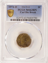 1974-D 1c Lincoln Cent Cud Major Die Break PCGS MS63 BN