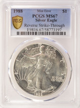1988 $1 Silver Eagle Reverse Struck Through PCGS MS67