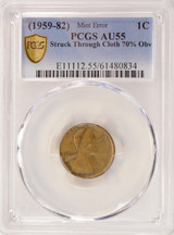 (1959-1982) 1c Lincoln Cent 70% Struck Through Cloth Obverse AU55 Brown