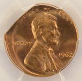 1962 1c Lincoln Cent Uncentered Broadstruck on 7% Ragged End Clip PCGS MS64 Red