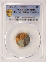 1986-D 1c Lincoln Cent Partial Plating PCGS MS63 Red