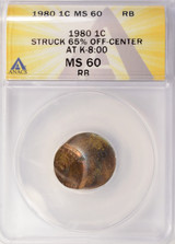 1980 1c Lincoln Cent Struck 65% Off-Center at K-8 ANACS MS60 RB