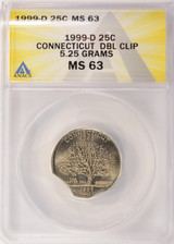 1999-D 25c ANACS Connecticut Quarter Double Curved Clip MS63
