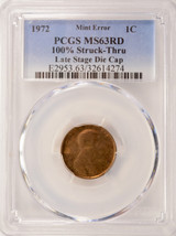 1972 1c Lincoln Cent Late Stage Die Cap Strike PCGS MS63 Red