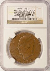 1972 $1 Ike Dollar Obverse Missing Clad Layer NGC MS63 BN