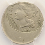 1865 3CN Three Cent Nickel Struck 25% Off-Center PCGS XF45