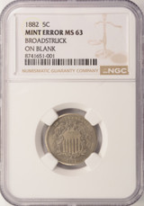 1882 5c Shield Nickel Broadstruck on T-1 Blank NGC MS63