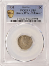 1935 10c Mercury Dime Struck 18% Off-Center PCGS AU55