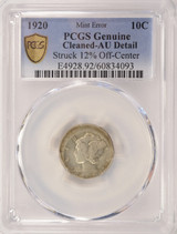 1920 10c Mercury Dime Struck 12% Off-Center PCGS AU Details